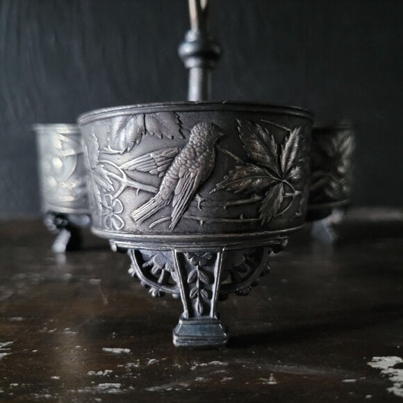 Antique Meriden Quadruple Plate #332 Condiment Bottle Holder Bird & Fruit Design - Picture 4 of 15